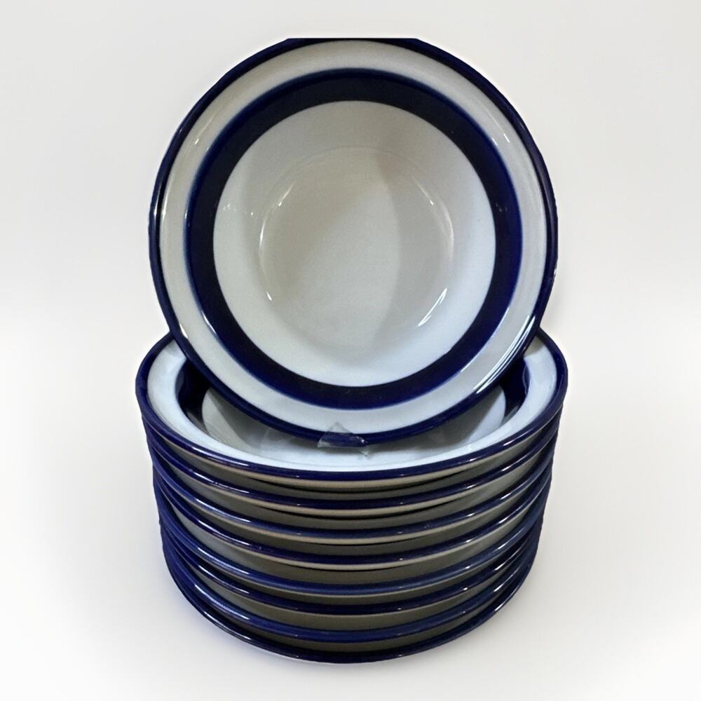 Set of 9 Vintage Noritake Fjord Stoneware Cereal Bowls Blue Rim Japan Primastone